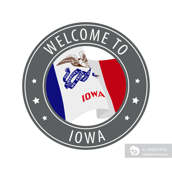 Welcome to Iowa. Gray stamp with a waving state flag.