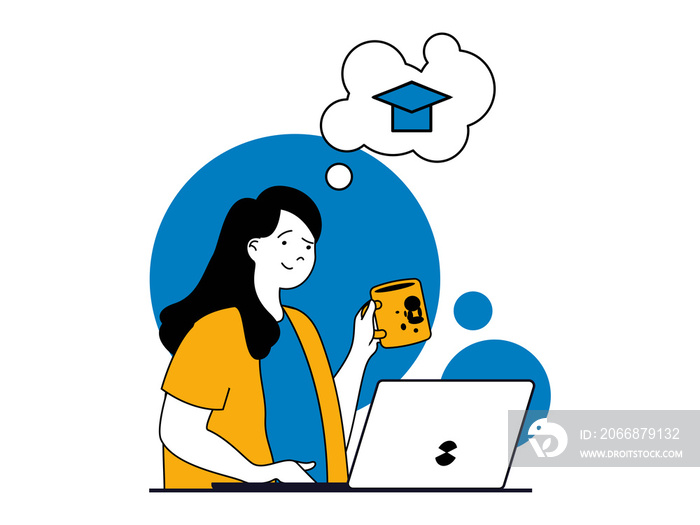 Education concept with character situation. Woman studying on online education platform using laptop and getting ready for graduation. Illustrations with people scene in flat design for web