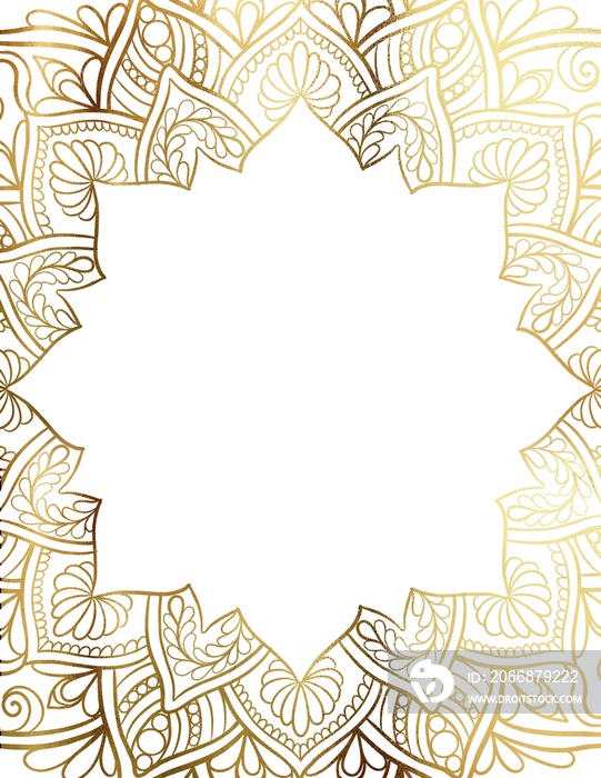 Mandala gold outline frame template for invitation, banner, wedding design on white background