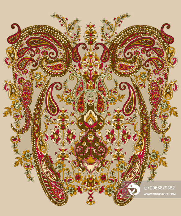 Colorful bohemian pattern with paisley and flowers. Traditional ethnic ornament.