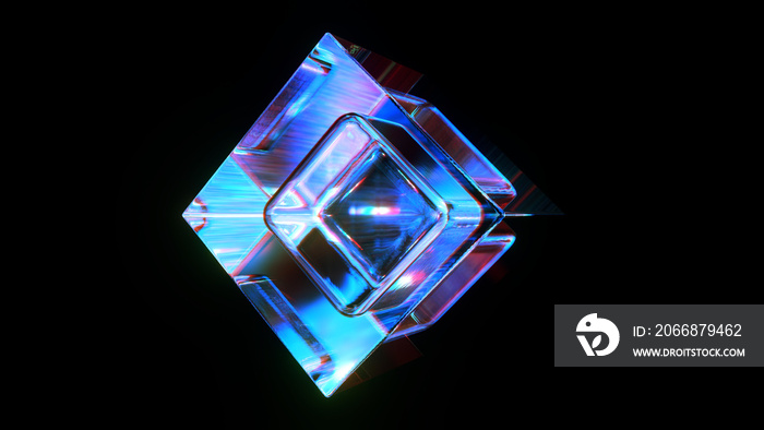 3d rendered abstract cube with detailed reflection and dispersion.