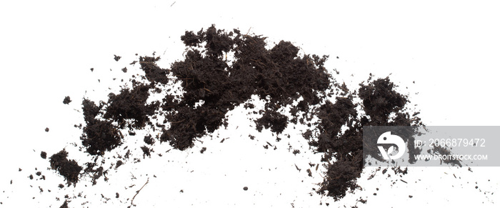 Black Fertilize Soil ready to planting, good organic soils with root for garden farming, fine detail of soil throw fly in air with dust dirty. High speed freeze shot over White background Isolated.