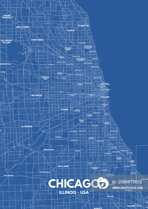 Poster Chicago - Illinois map. Chicago - Illinois road map. Illustration of Chicago - Illinois streets. Chicago - Illinois transportation network. Printable poster format (portrait).