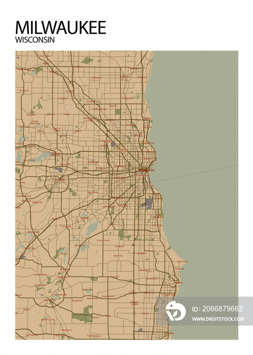 Poster Milwaukee - Wisconsin map. Road map. Illustration of Milwaukee - Wisconsin streets. Transportation network. Printable poster format.