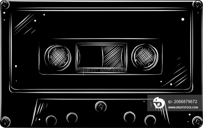 PNG engraved style illustration for posters, decoration and print. Hand drawn sketch of cassette in monochrome isolated on white background. Detailed vintage woodcut style drawing.