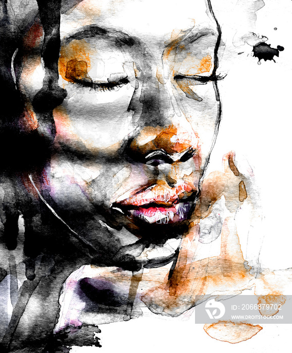 Beautiful African woman portrait in watercolor with splatter