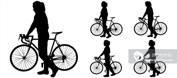 Big set of female cyclists silhouettes. The girl is holding the steering wheel of her bike. A woman walks next to a bicycle. A group of cyclists. Sport. Side view. Black color silhouette isolated