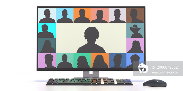 Group of people on a computer monitor isolated on white background. Video conference concept. 3d illustration