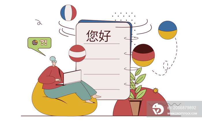 Language courses concept with character situation in flat design. Woman studying different foreign languages, learning online on educational platform. Illustration with people scene for web