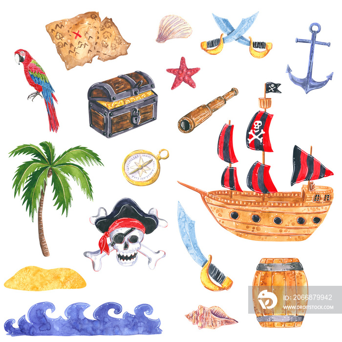 Set of pirate clipart. Pirate ship, anchor, treasure chest with gold coins, pirate saber, Ocean waves, treasure map, Copper spyglass. Hand drawn watercolor illustration isolated on white.