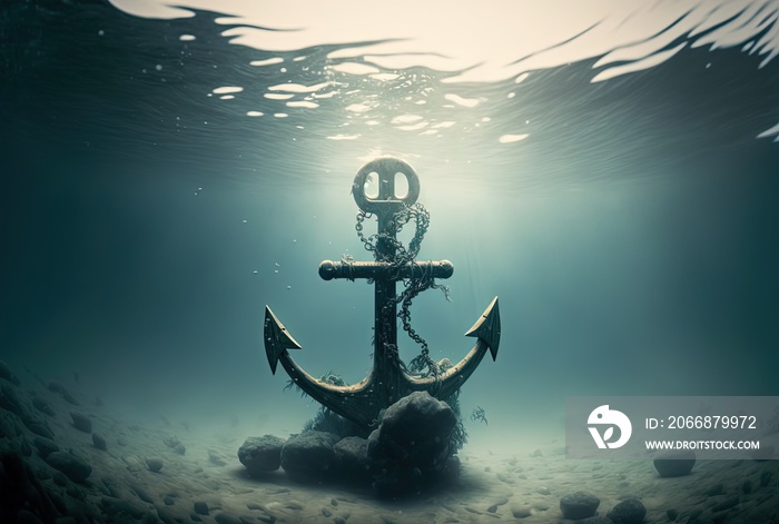 illustration of big iron anchor that abandoned at ocean floor with sung light shine through water surface