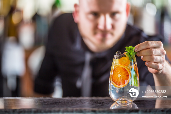 Professional barman decorating gin tonic cocktail drink and decorated it with mint herbs