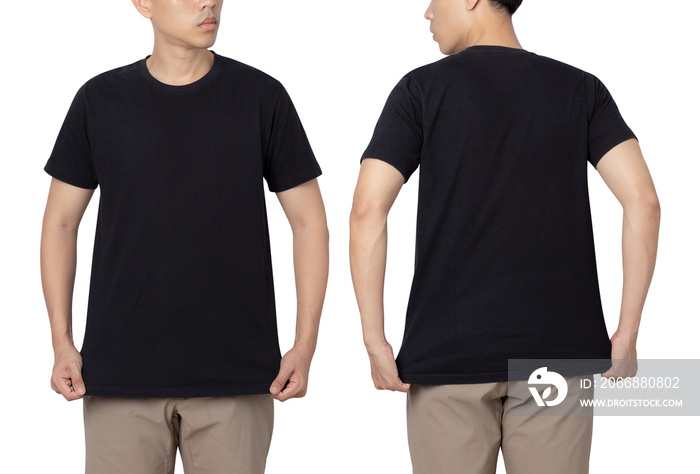 Young man in black T shirt mockup isolated on white background with clipping path.