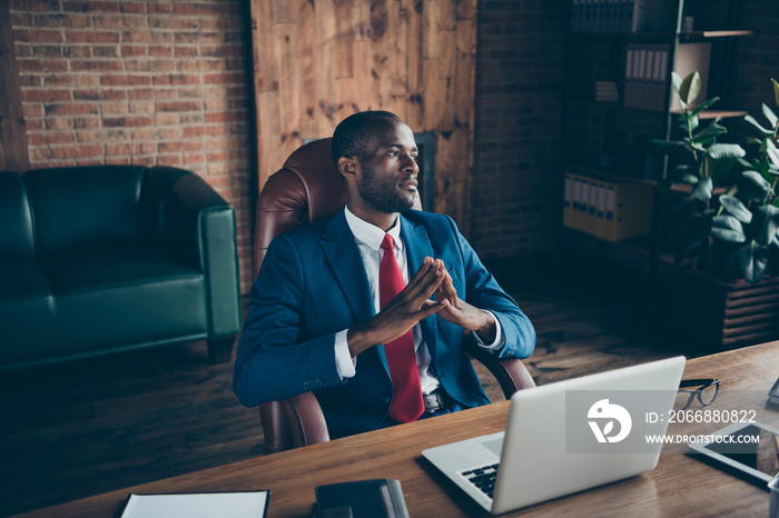 Photo of dark skin minded guy waiting partners response wear elegant costume sitting office chair