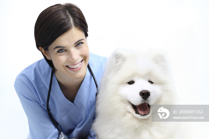 smiling Veterinarian examining dog on table in vet clinic