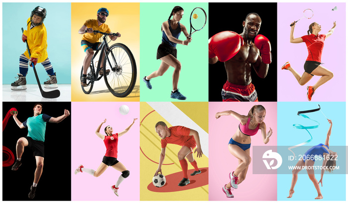 Sport collage about athletes or players. The tennis, running, badminton, rhythmic gymnastics, volleyball.