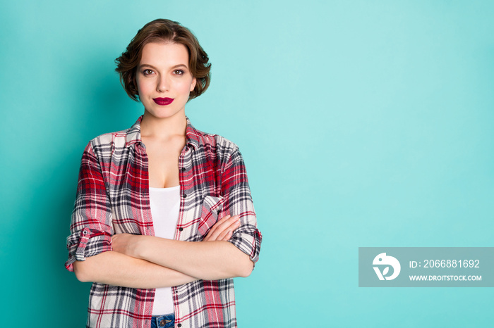 Portrait of serious gorgeous work expert girl worker cross hands ready choose choice decide decision solution wear stylish clothes isolated over teal color background