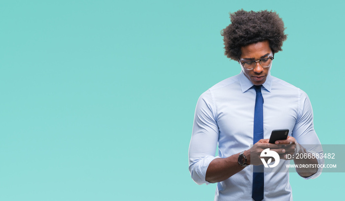 Afro american business man texting using smartphone over isolated background with a confident expression on smart face thinking serious