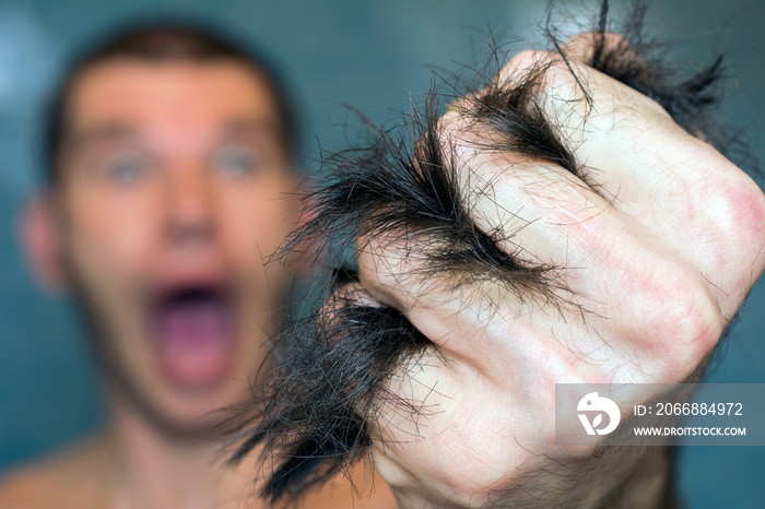 Close-up of torn scrap of dark hair in fist, looking crazy, screaming, angry man, pulling his hair out. Negative human emotions and facial expressions. Selective focus , blurred background