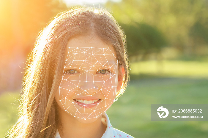 beautiful little girl (daughter) toothy smile long hair in the park summer trip, concept face id