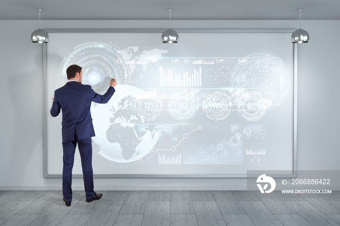 Businessman using graph screens interface on a board 3D rendering