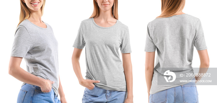 Collage with woman in stylish t-shirt on white background