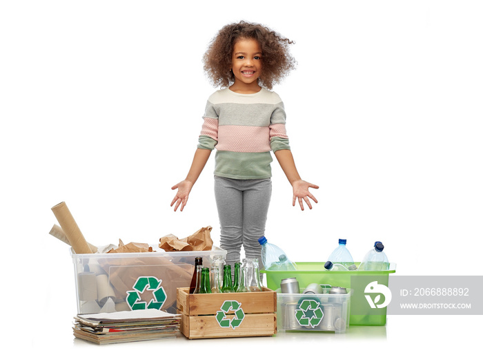 happy girl sorting paper, metal and plastic waste