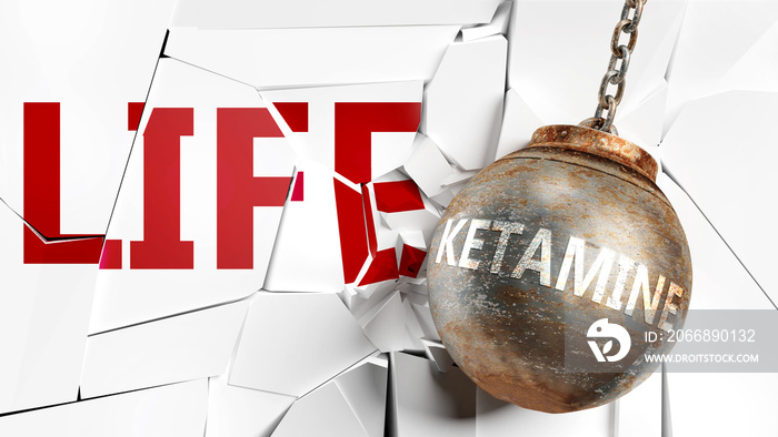 Ketamine and life - pictured as a word Ketamine and a wreck ball to symbolize that Ketamine can have bad effect and can destroy life, 3d illustration