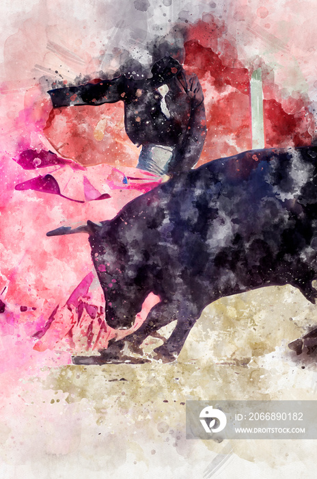 Watercolor of bullfight in spain, fight of a bull with man, traditional festivals,spectacle of bullfighting