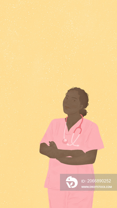 young African American woman doctor in a pink uniform