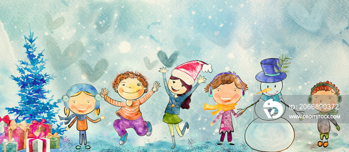 Christmas time. Watercolor banner for children