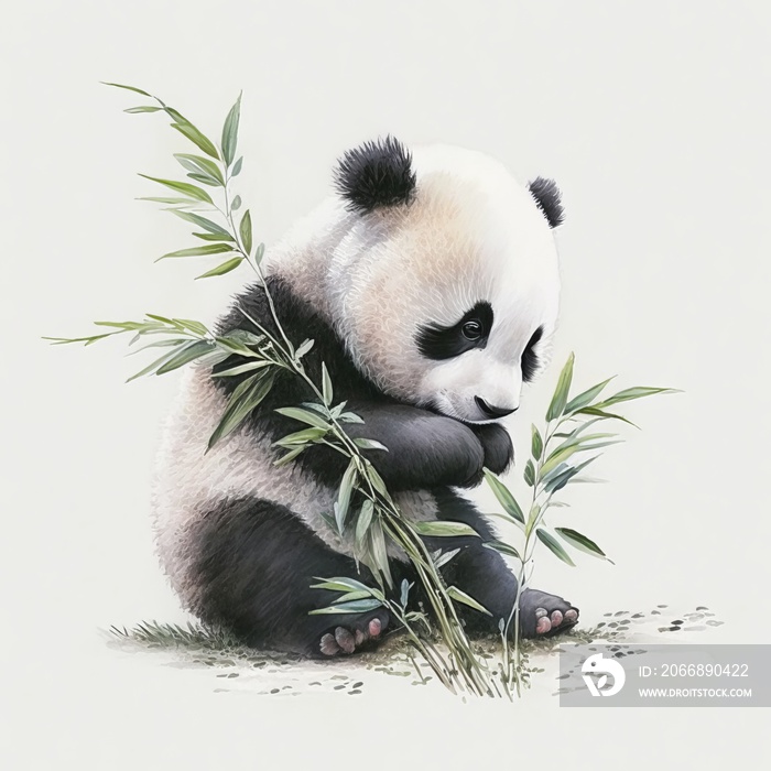 Cute panda eating bamboo leaves in watercolor painting