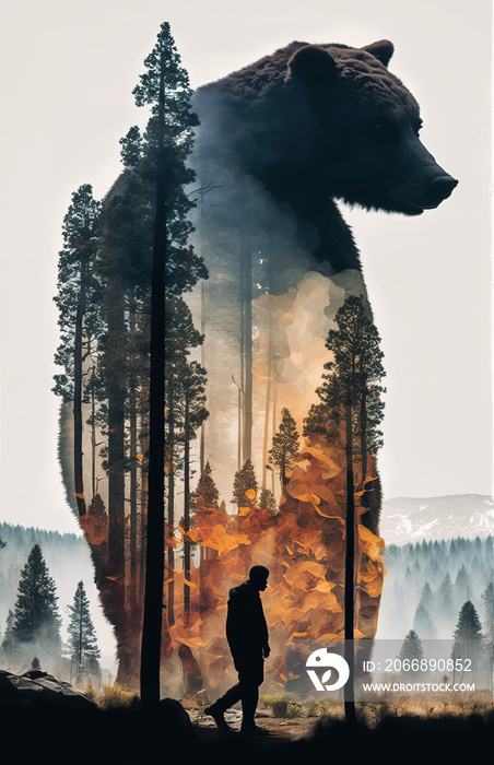 Double exposure clipart of forest fire and bear