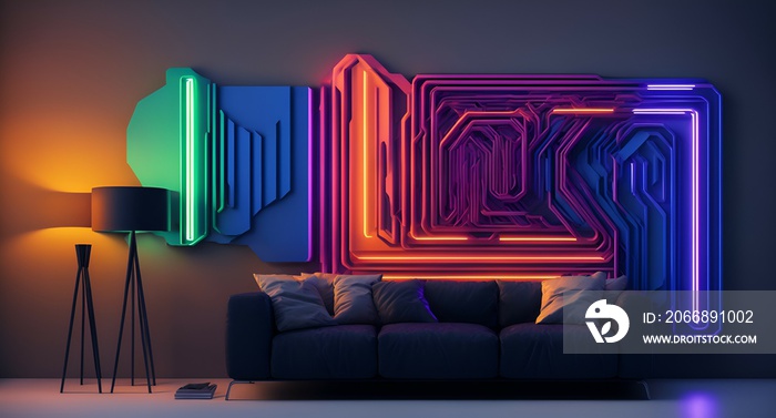 Photo of a modern living room with a stylish couch and a vibrant neon sign on the wall