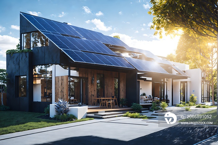 Photo of a modern house with an eco-friendly feature: a solar panel on the roof