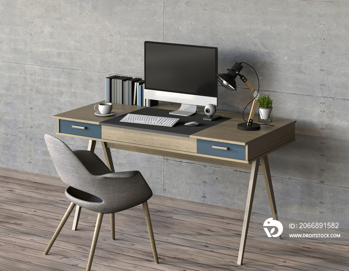 3D render of interior living room workspace with desk and desktop computer