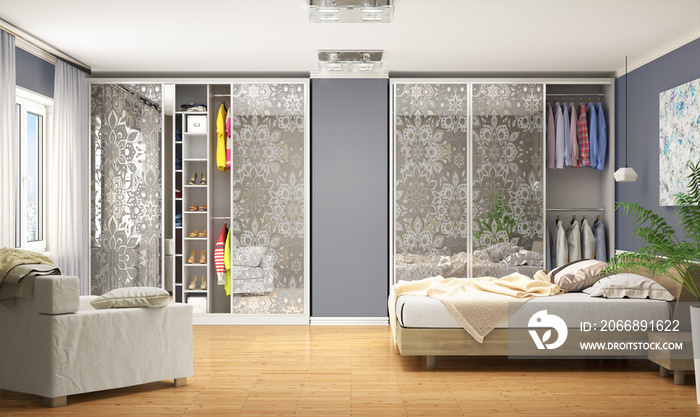 Internal modern wardrobe for the bedroom. Wardrobe Coupe. 3d illustration