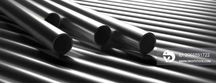 Pipes tubes steel metal, round profile, stacked full background. 3d illustration