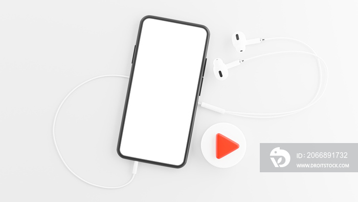 3d render of smartphone with earphone in music streaming concept for your mockup design