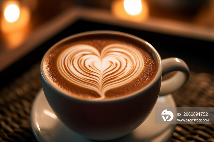 Crafted heart - shaped latte art pattern on a frothy cappuccino in a ceramic cup.