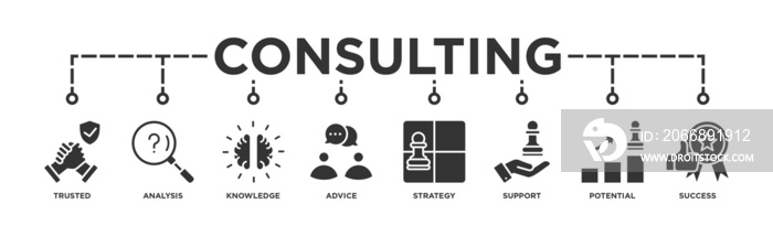 Consulting banner web icon vector illustration concept for business consultation with an icon of Trusted, Analysis, Knowledge, Advice,Strategy, Support, Potential, and Success