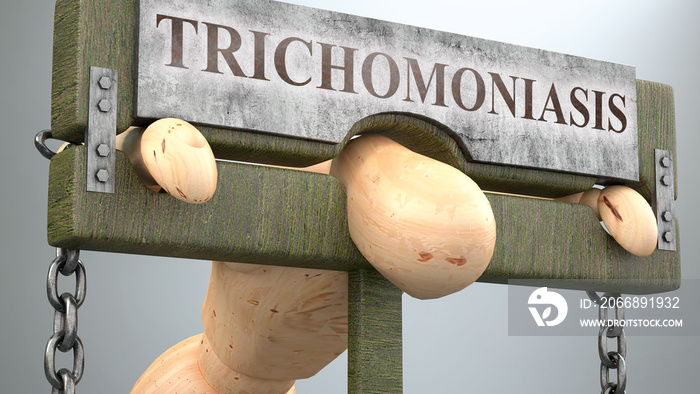 Trichomoniasis impact and social influence shown as a figure in pillory to depict Trichomoniasis’s effect on human health and its significance and burden it brings to life, 3d illustration