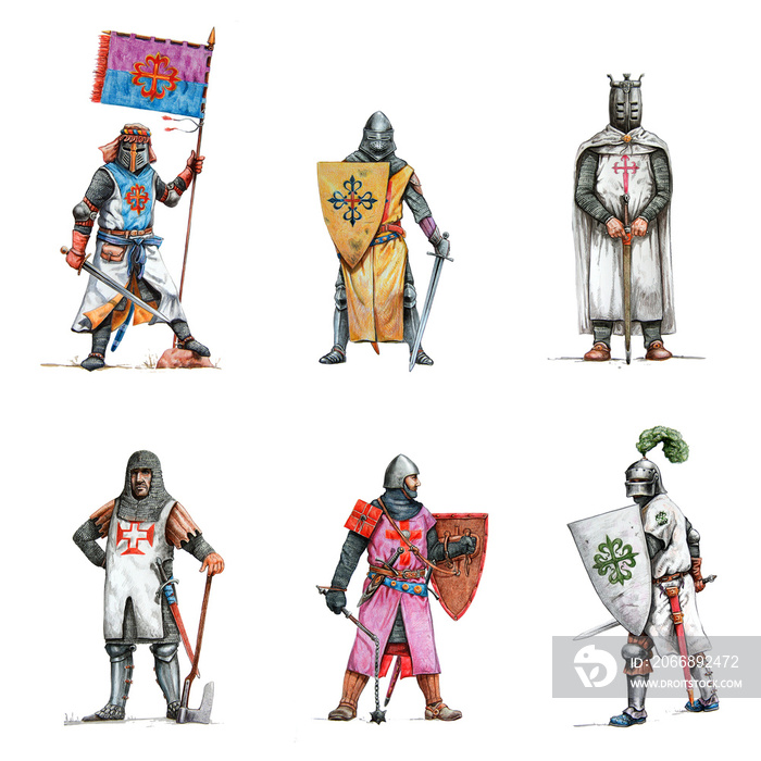 Medieval knights illustration. Set of 6 crusaders. Historical colored pencils drawing.