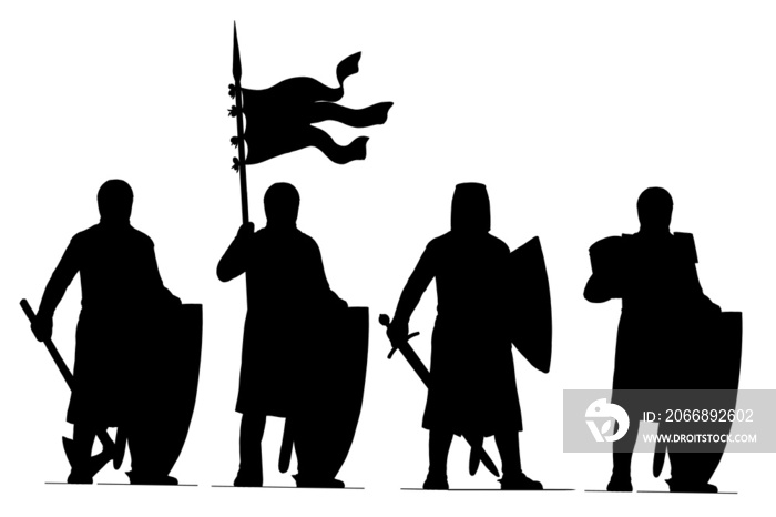 Medieval knight silhouette drawing. Set with crusaders. Templars and Knights Hospitaller.