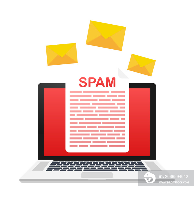 No spam. Spam Email Warning. Concept of virus, piracy, hacking and security. Envelope with spam. Vector illustration.