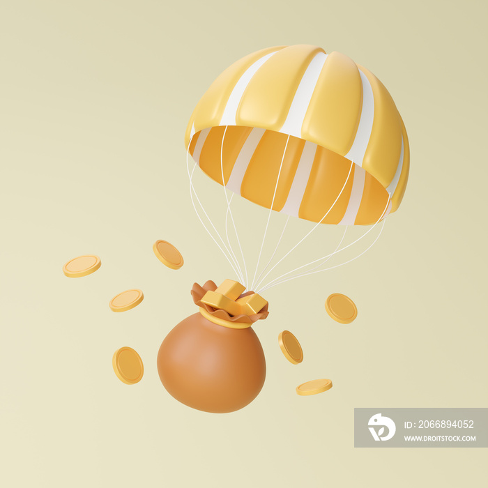 3D yellow balloon carrying gold bag flying going up, rising gold prices concept. Investment asset price hit all time high, market rising, investment in precious metals in the stock market.3d rendering