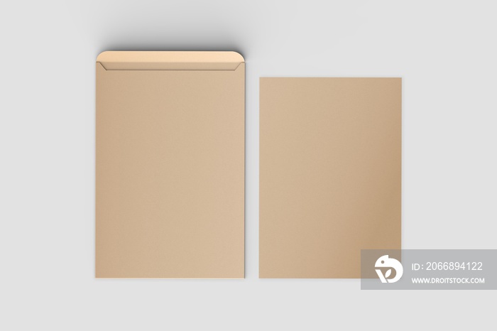 Recycled paper C4 envelope mock up isolated on soft gray background. 3D illustration