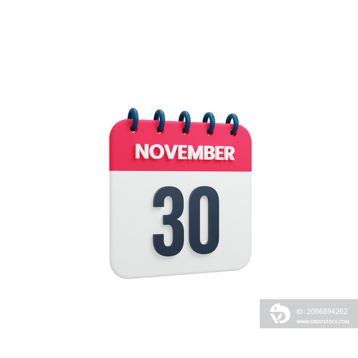 November Realistic Calendar Icon 3D Rendered Date November 30