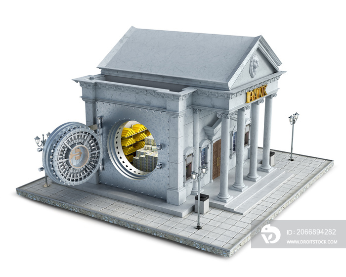 Bank building with opened vault door and full of money and gold vault, 3d illustration