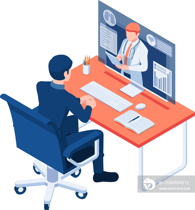 Isometric Businessman Video Conference with Doctor on PC Monitor